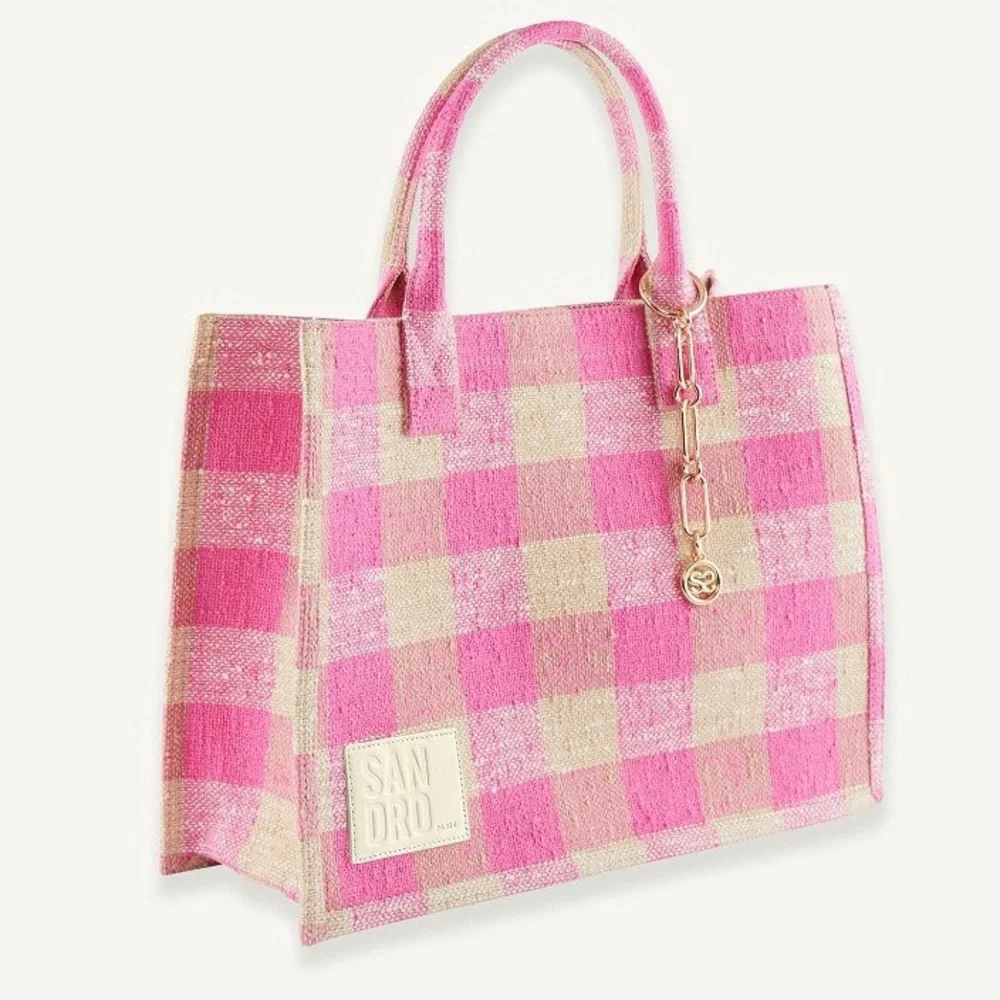 $450 SANDRO Kasbah gingham print cotton‎ tote bag shoulder bag pink cream white - Picture 6 of 10